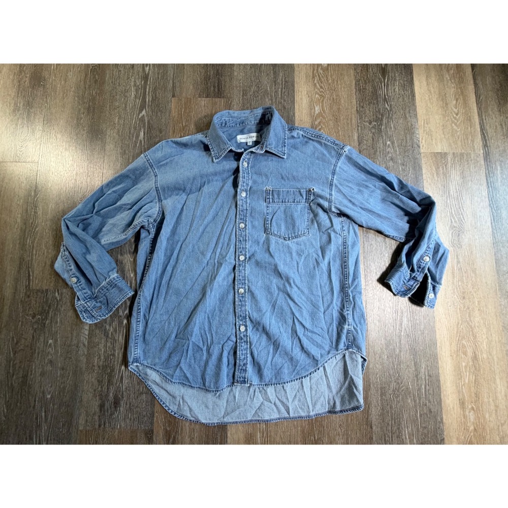 Denim Forum Button Up Shirt Mens Medium Blue Cotton Hemp Blend Distressed 5760